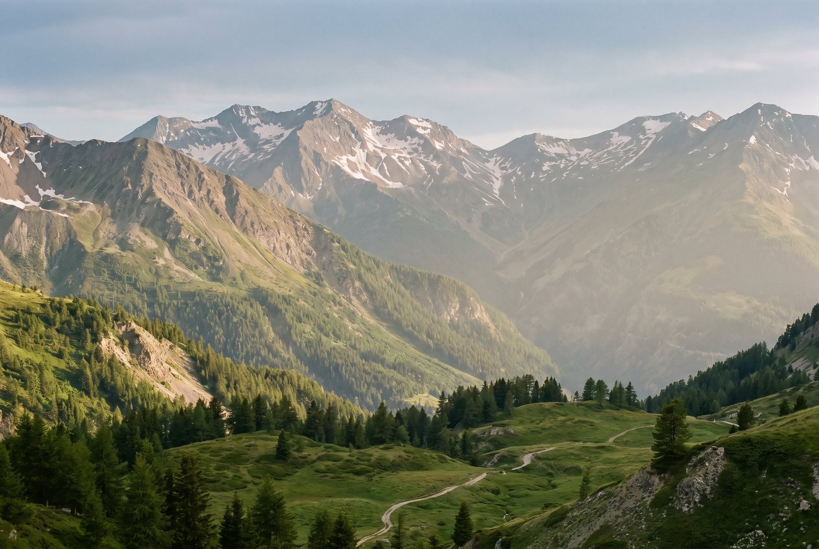 Paysage alpin autour de Megève entre deux saisons : alpages verts, forêt de sapins et sommets encore enneigés