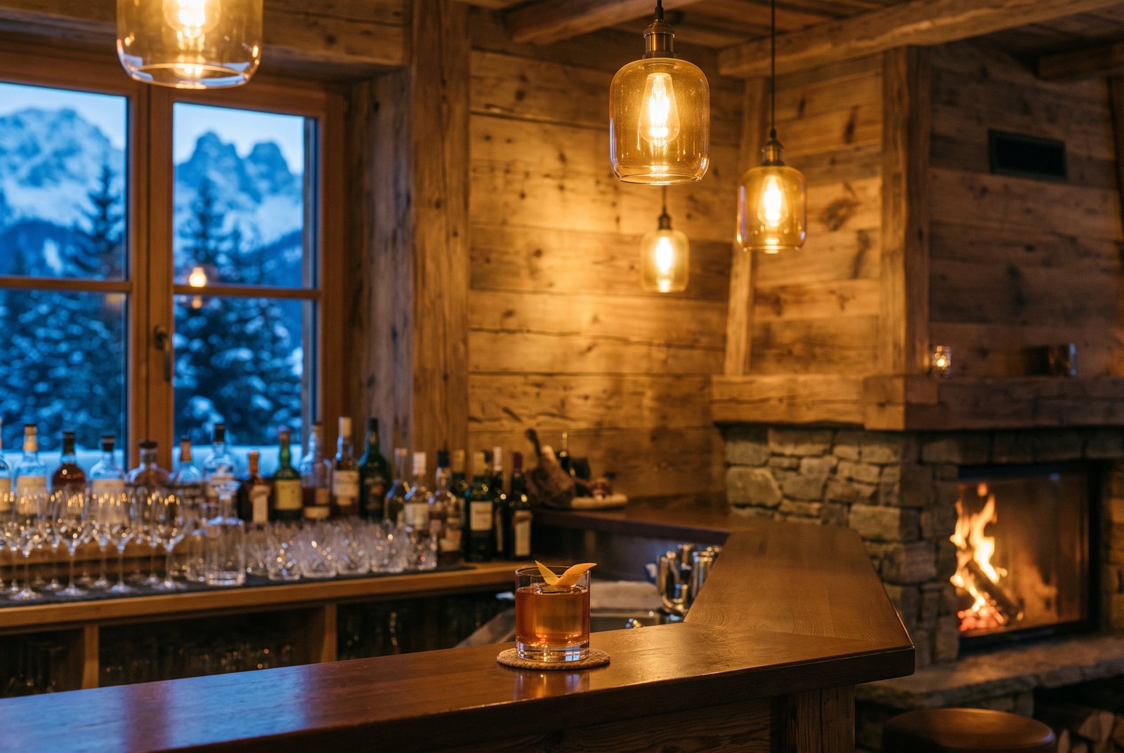 Warm alpine bar atmosphere in Megève: wooden counter, a cocktail and a lit fireplace, with a view of snow-covered peaks