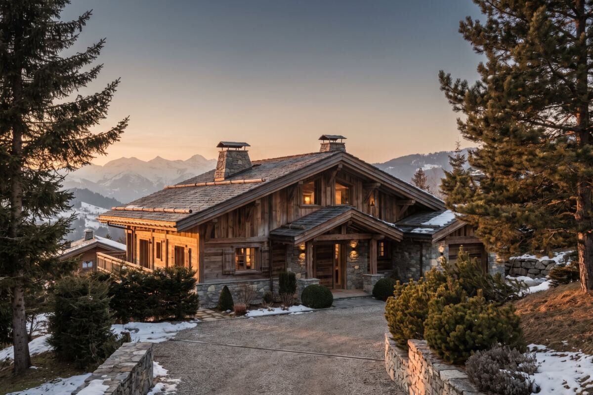 Chalet de luxe à Megève en fin de journée, illustrant la gestion locative saisonnière