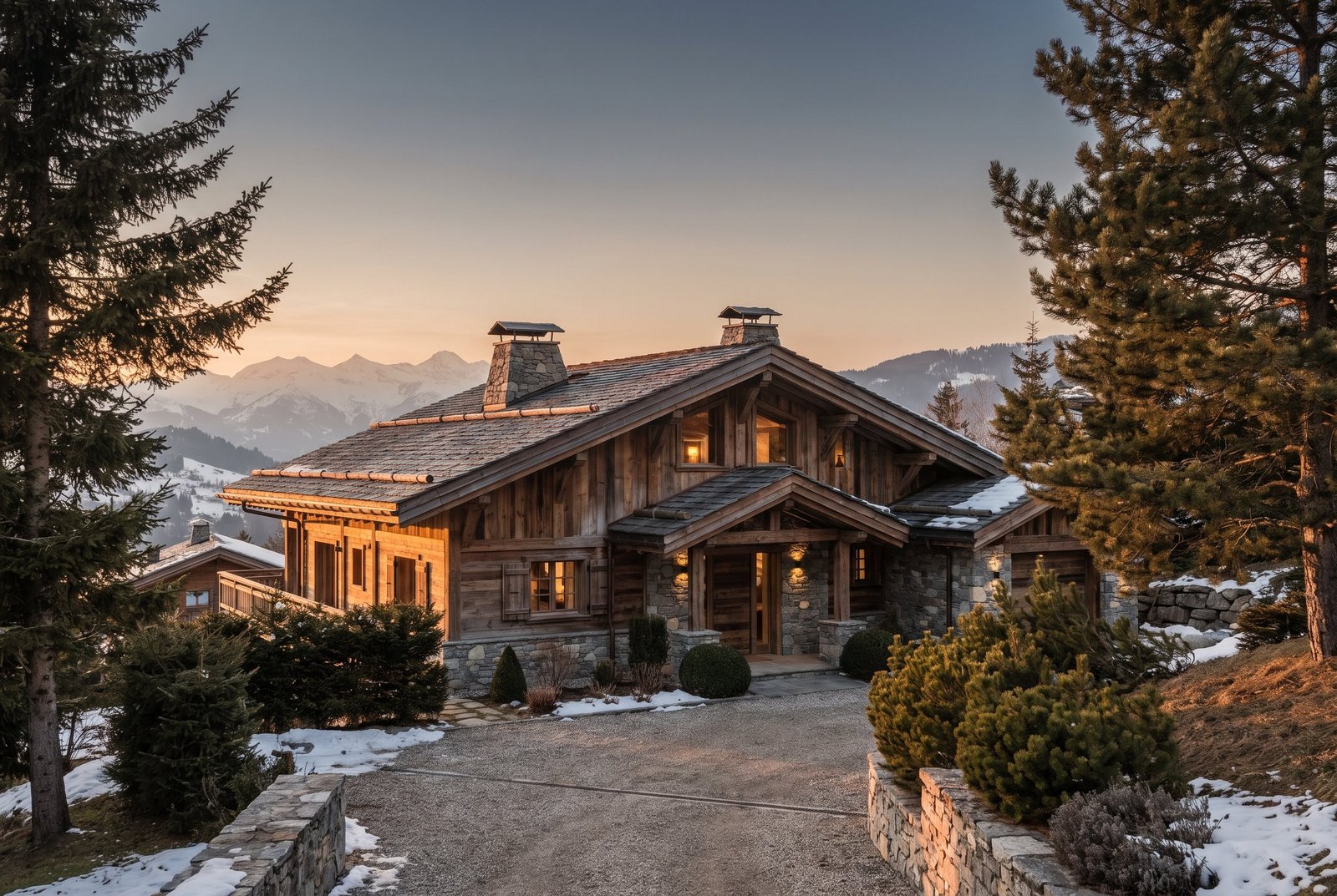 Chalet de luxe à Megève en fin de journée, illustrant la gestion locative saisonnière