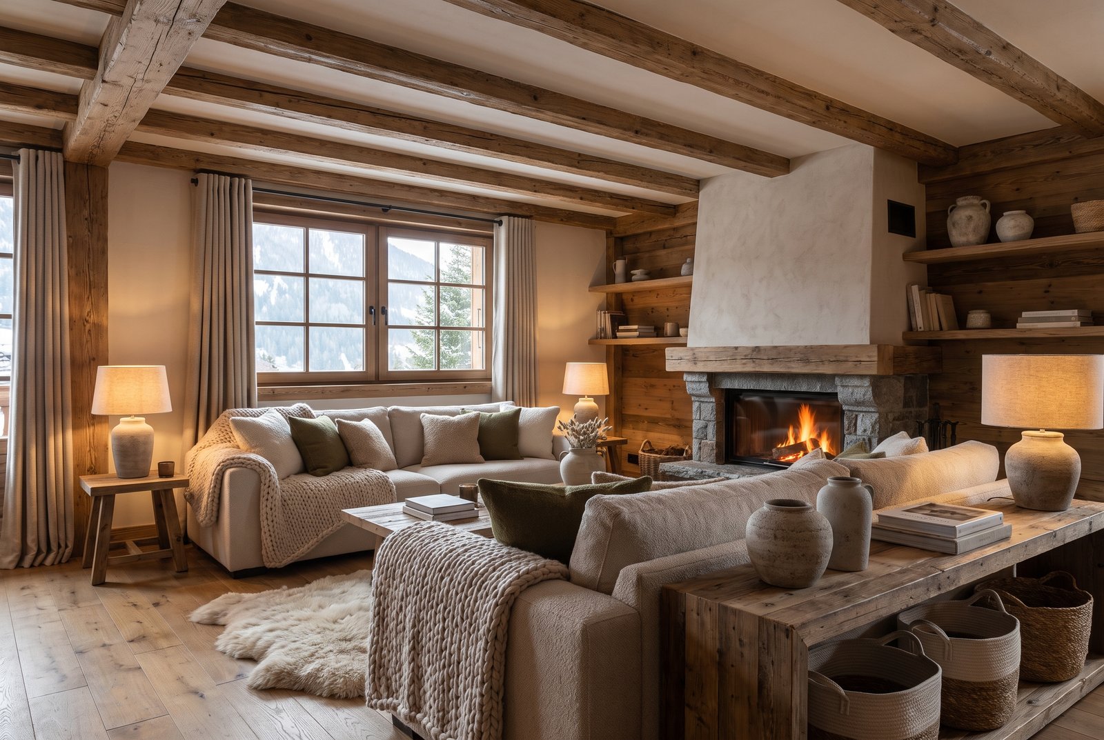Cozy, well-prepared alpine chalet living room for seasonal rental in Megève, with fireplace and snowy mountain view