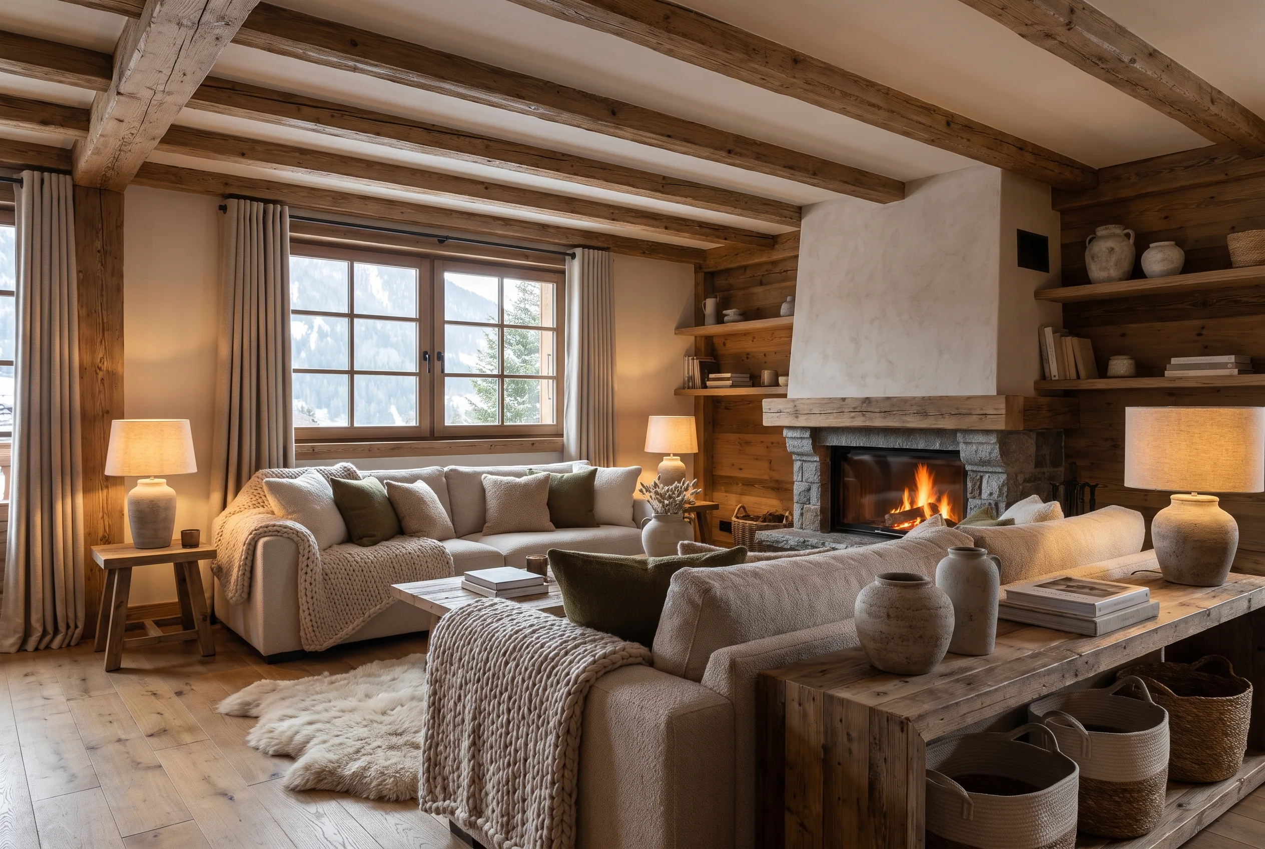 Cozy, well-prepared alpine chalet living room for seasonal rental in Megève, with fireplace and snowy mountain view