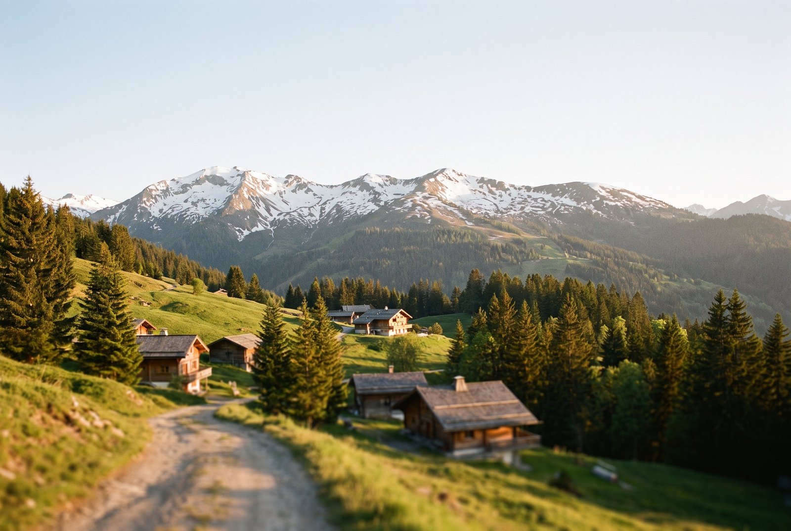 Paysage alpin authentique avec chalets traditionnels et sommets enneigés, illustrant la comparaison entre Megève, Chamonix et Courchevel
