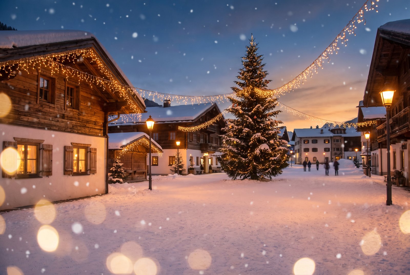 Festive, snowy alpine village atmosphere in Megève, with string lights and an illuminated tree