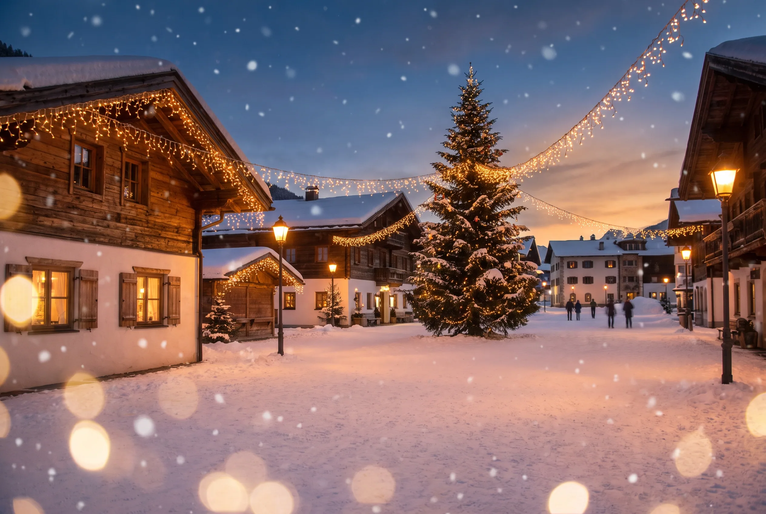 Festive, snowy alpine village atmosphere in Megève, with string lights and an illuminated tree