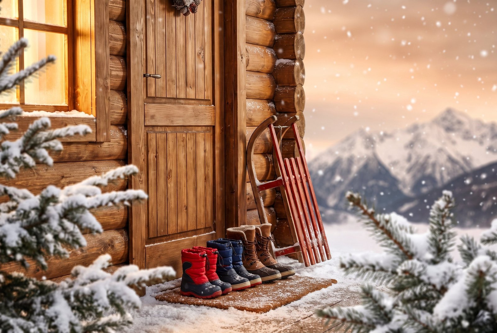 Children's snow boots and a sled outside a snowy wooden chalet, mountains in the background