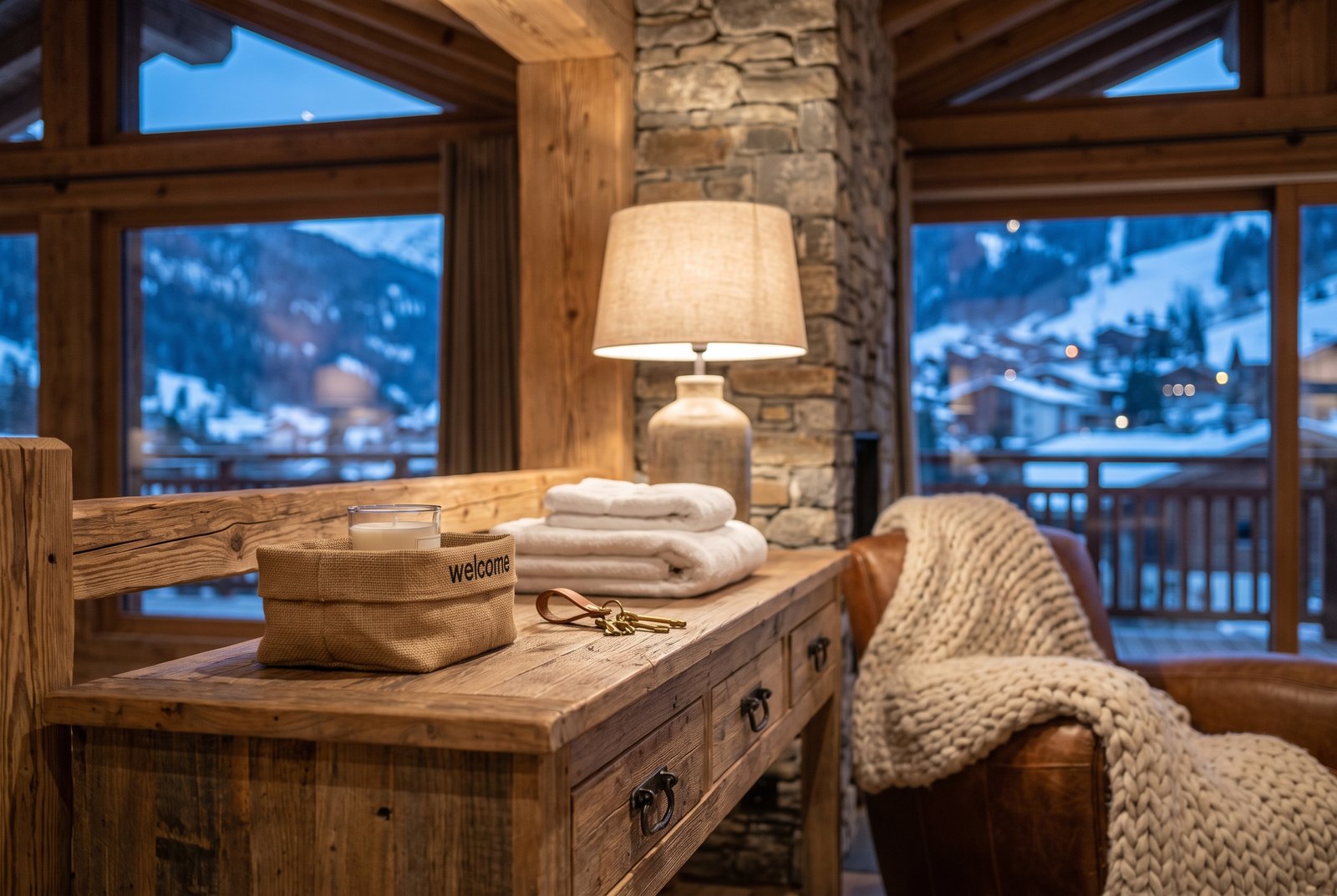 Warm chalet interior in Megève with a set of keys prepared for a guest check-in