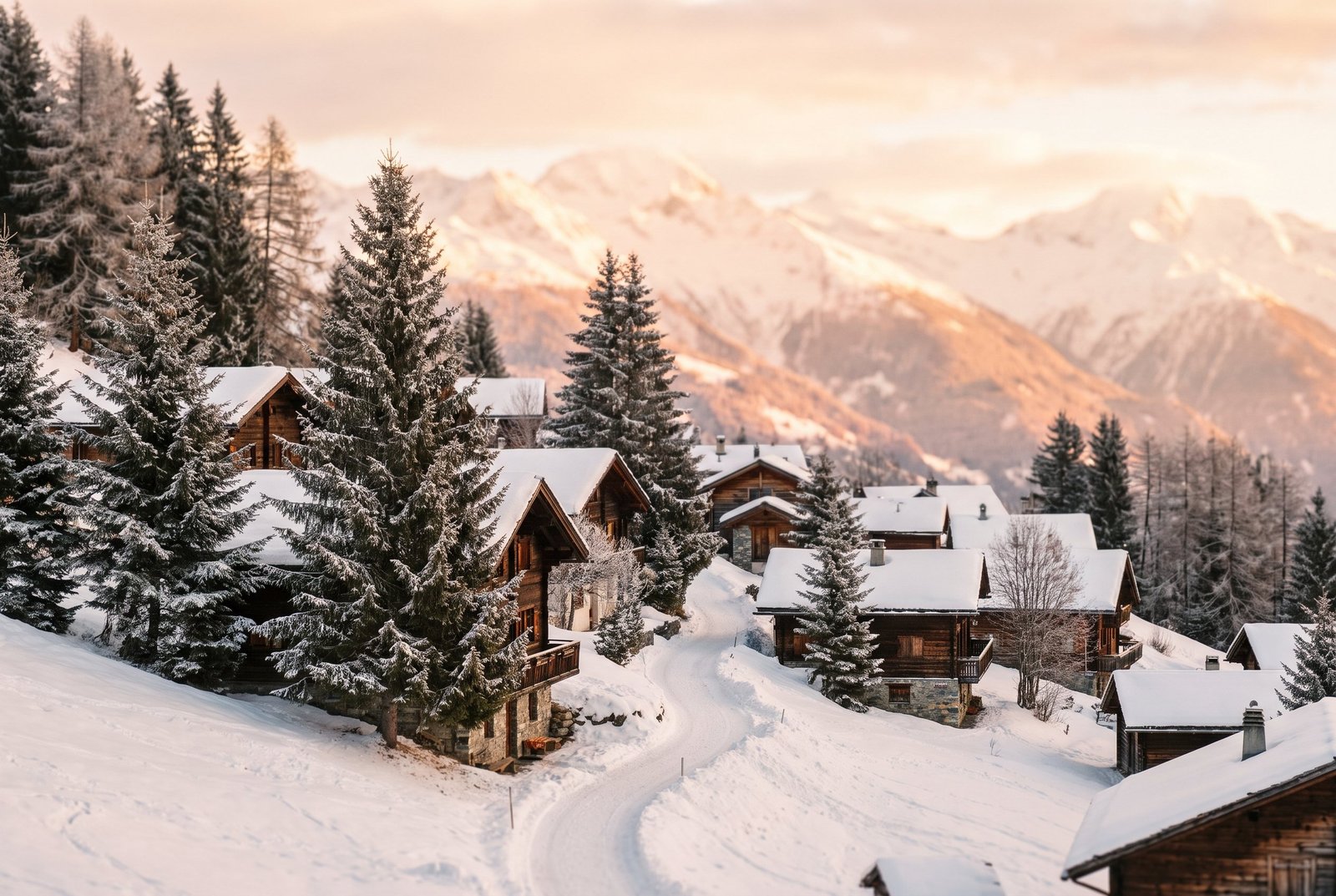 Ambiance chaleureuse d'un quartier de chalets alpins traditionnels, toits enneigés et sommets en arrière-plan