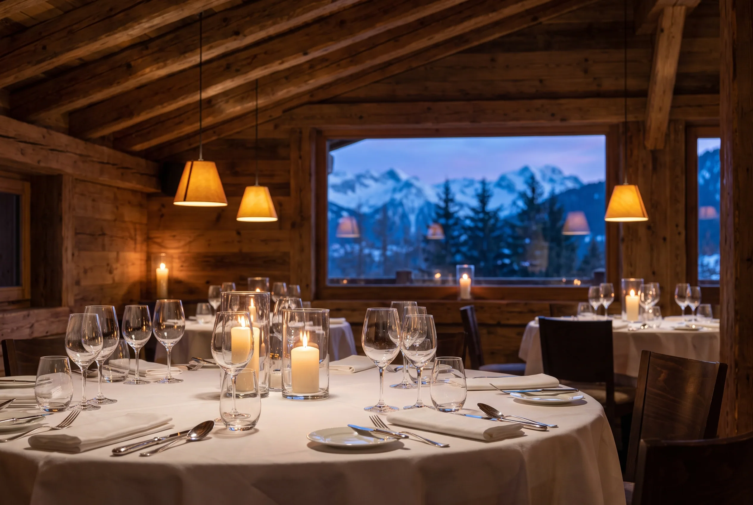 Ambiance chaleureuse d'un restaurant alpin à Megève, table dressée avec vue sur les montagnes enneigées