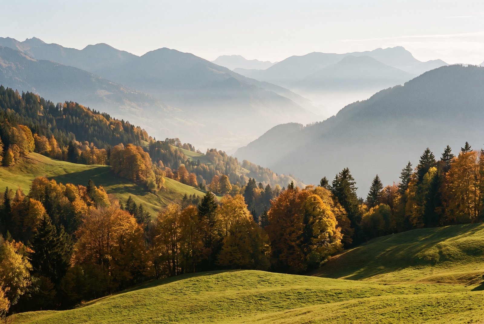 Paysage alpin d'automne autour de Megève : forêts dorées, alpages verts et vallée dans la brume, sans neige