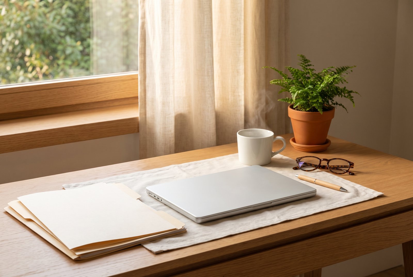 Tidy wooden desk with folders, a laptop and a cup of coffee, calm paperwork-organization atmosphere