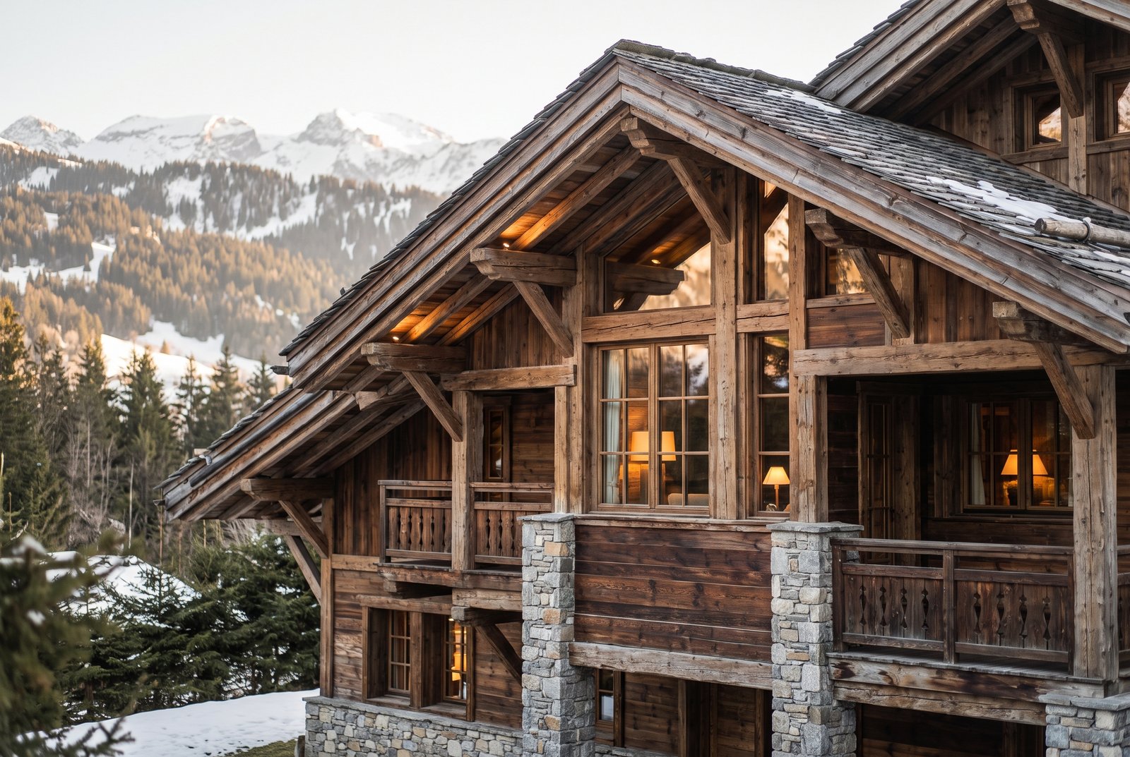 Chalet en bois traditionnel à Megève au coucher du soleil, illustrant la qualité et la valeur d'un bien de montagne