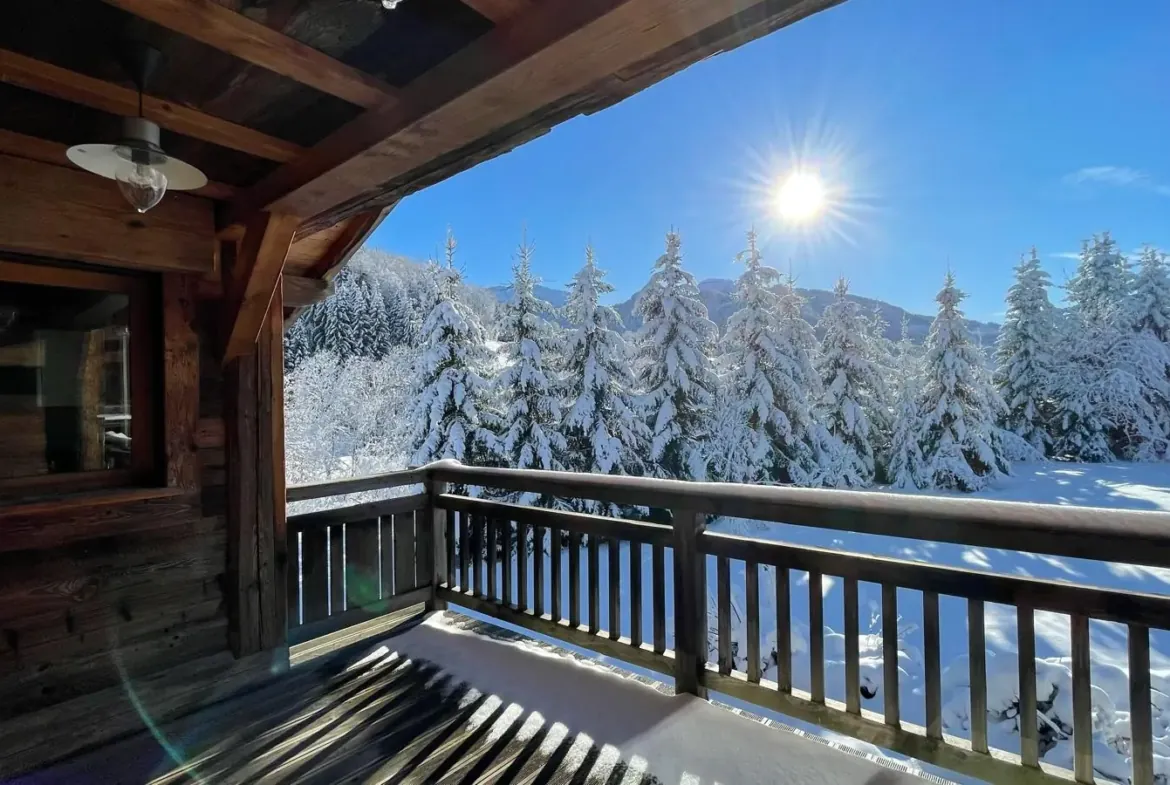 Balcon exposé sud sous la neige — Chalet Roc et Soleil, location saisonnière à Megève