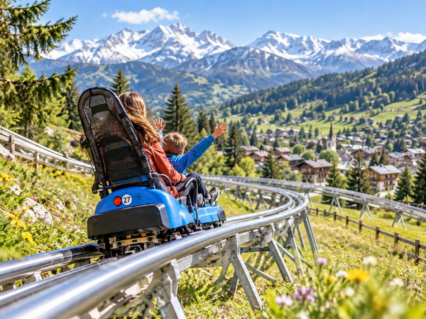 La Luge 4 Saisons de Megève en été : une adulte et un enfant, bras levés, descendent la piste sur rails au-dessus des prairies, face au village de Megève