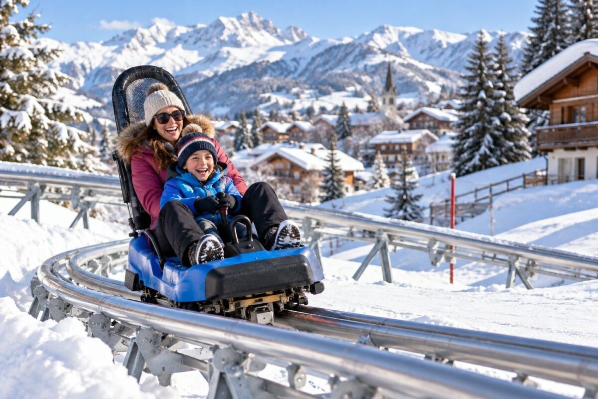 La Luge 4 Saisons de Megève en hiver : une mère et son fils descendent la piste sur rails, le village et les sommets enneigés en arrière-plan